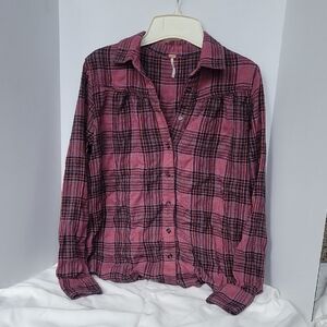 XS Free People Burgandy and Black Plaid Shirt